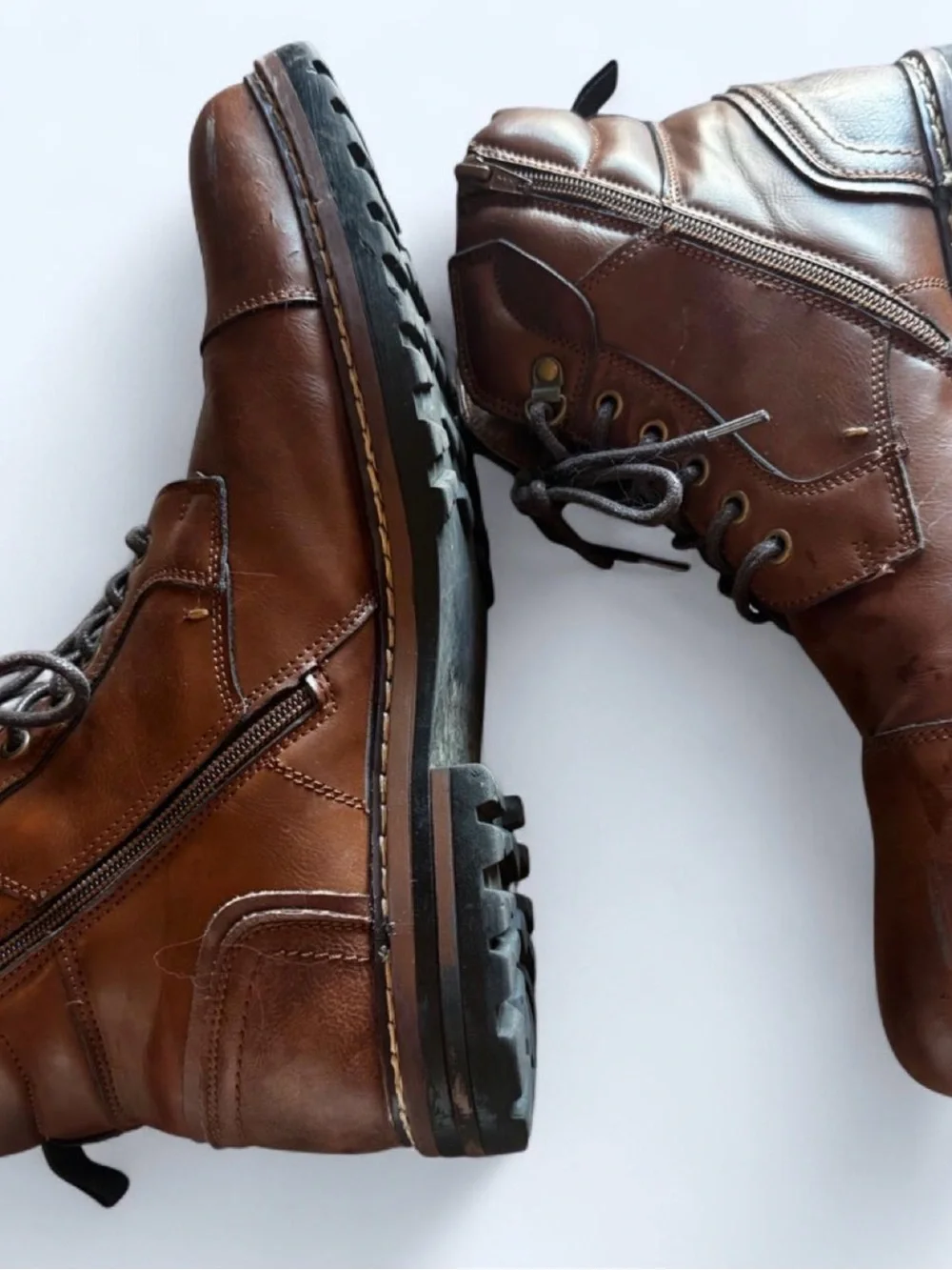 Steve Madden Men's Brown Leather Cap-Toe Lace-Up Side-Zip Boots